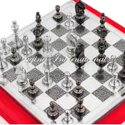 12 Solid Brass Classic Black Chess Set | Metal Chess Pieces with Large Brass Board | Beautiful Handcrafted Set | Abstract Strategy Tactic Board Games with Red Velvet Storage Case (Silver Board)