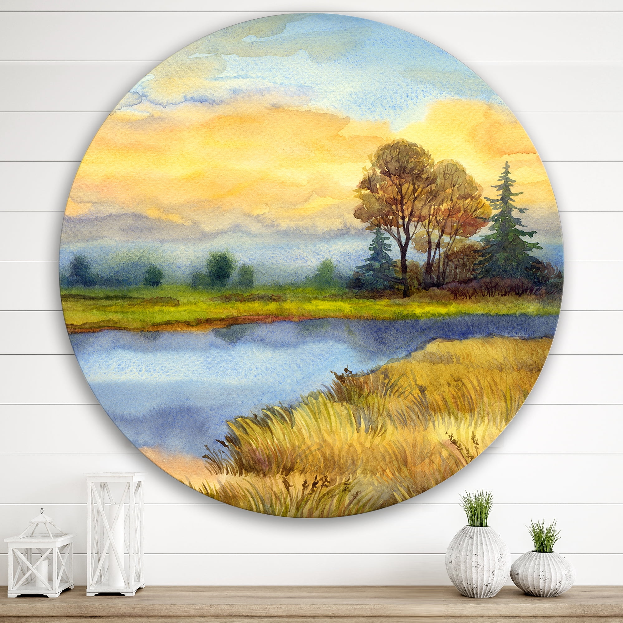 Designart 'The Awakening of Nature Over Meadows' Lake House Circle Metal Wall Art 29x29 - Disc of 29