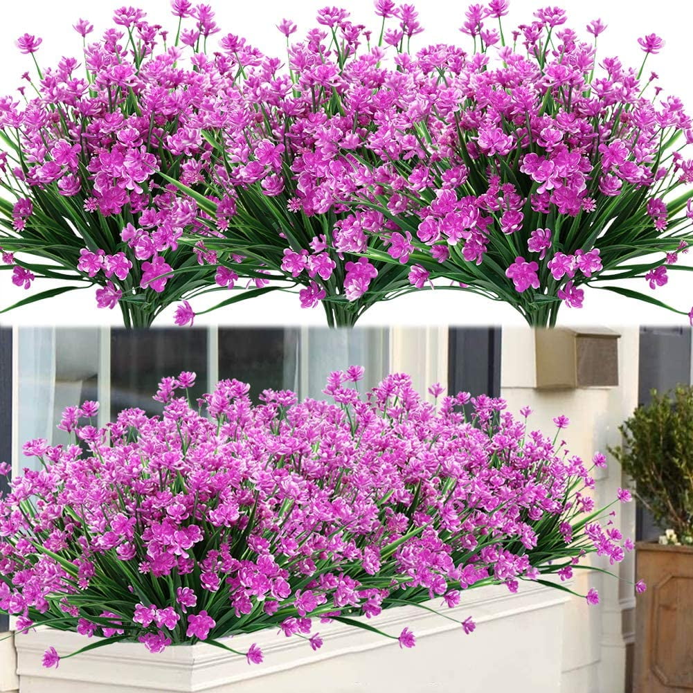 Artificial Fake Flowers Plants 4pcs Outdoor UV Resistant Faux Green Greenery 