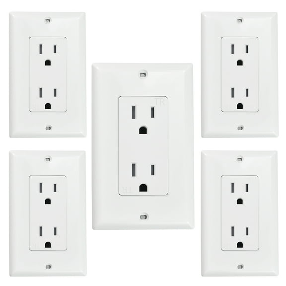 J.LUMI YOP2005 Decorator Wall Receptacle Outlet with Wall Plate Combo, Tamper Resistant Duplex Standard Electrical Wall Outlet, Residential Grade, 15 Amp 125V AC, UL Listed, White (5 Pack)