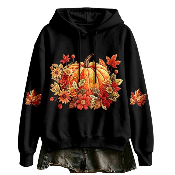 Halloween Hoodies for Womens Oversized Long Sleeve Tops Fall Pumpkin Maple Leaf Floral Graphic Pullover Casual Sweatshirt With Kangaroo Pocket