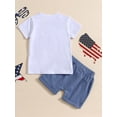 thumbnail image 6 of Aojekbee 4th of July Kids Boys Outfits Letter Flag Stripe Stars Print Short Sleeve T-Shirts Elastic Waist Shorts 2Pcs Clothes Set, 6 of 10