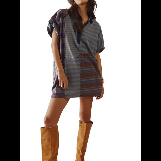 Vestido Minivestido de Verano Y2k con Rayas en Contraste para Mujer, Estilo Babydoll, con Retazos, Cuello en V, Corta, Estilo Vintage Azul y M