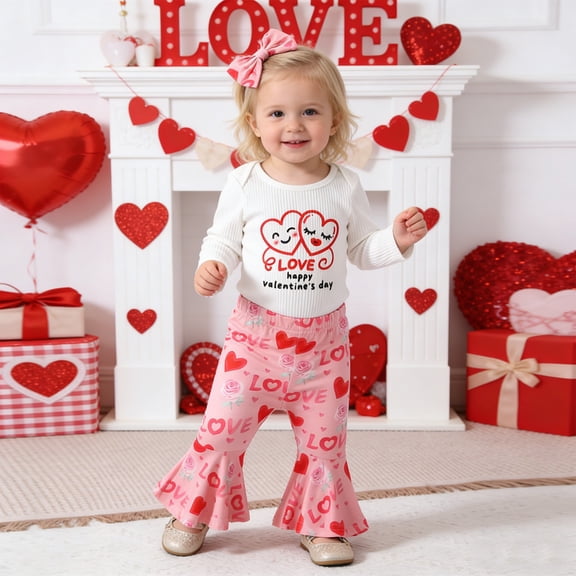 HAYIMI Child Valentine's Day Long Sleeve Tops With Flare Pants And Headband Girls Matching Outfit Sets Toddler Kid Sister Daughter Dressy Versatile O-Neck Cartoon Clothes Sets