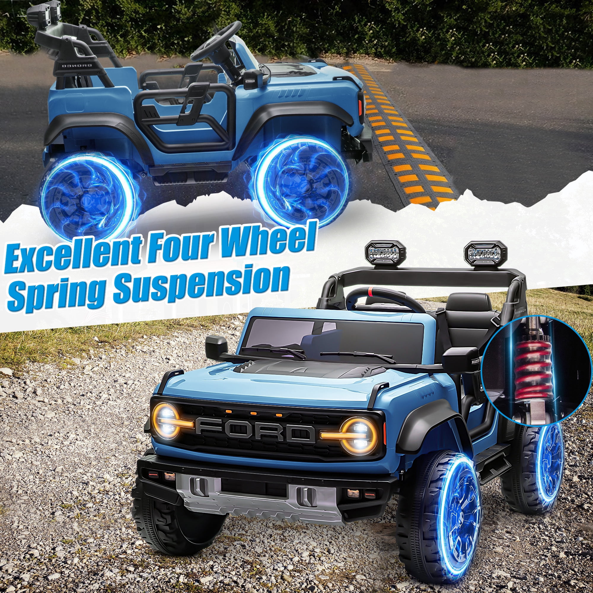 Conchico 24V 2 Seater Licensed Ford Bronco Powered Ride-On Truck, Kids Ride on Toys with Remote Control & Seatbelt, Blue