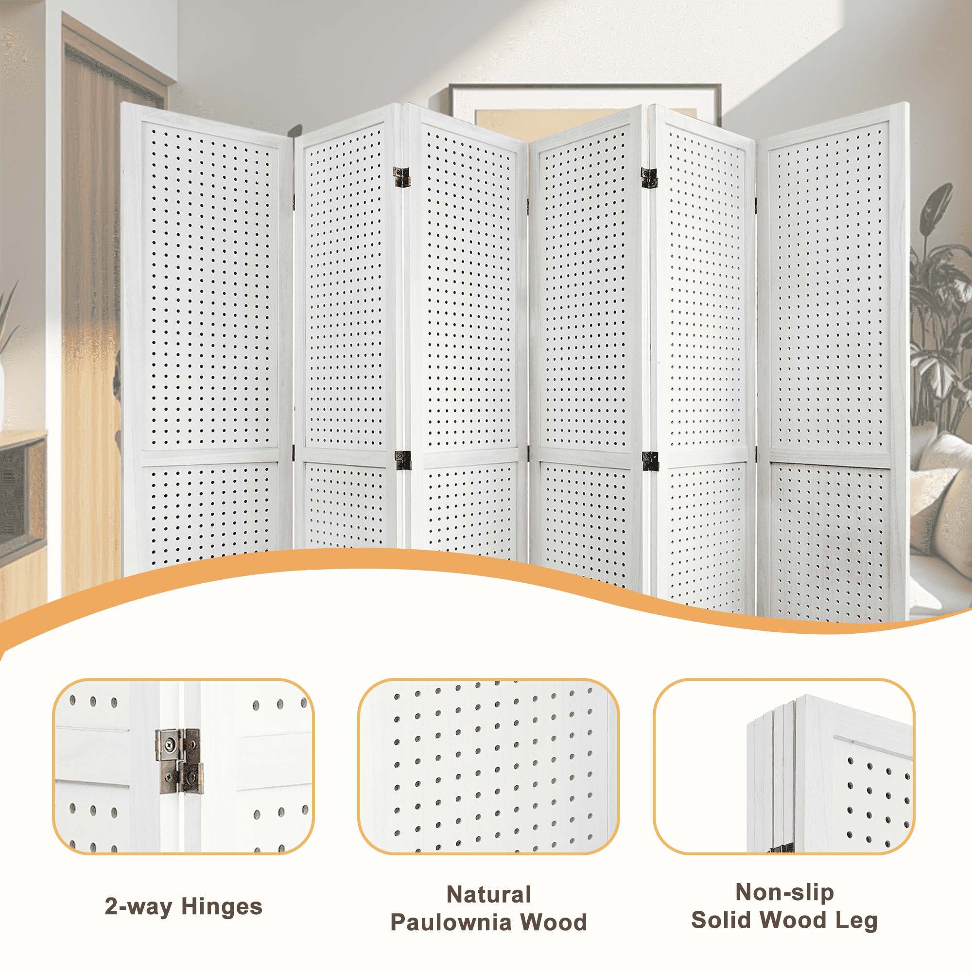 MAYEERTY 6 Panel Freestanding Room Divider, 5.6Ft Wooden Privacy Screen with Shelves, Elegant White