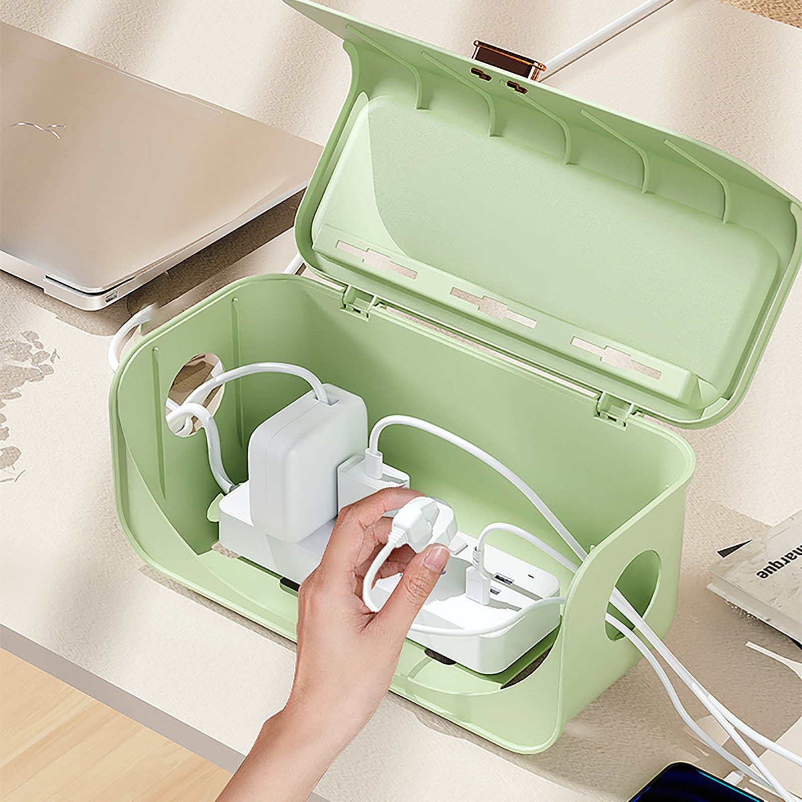 CCWADH Cable Management Box - Cord Organizer Box to Hide Power Strip, TV Computer Wires Cable Organizer Box, Desk Cord Organizer for Home/Office - White