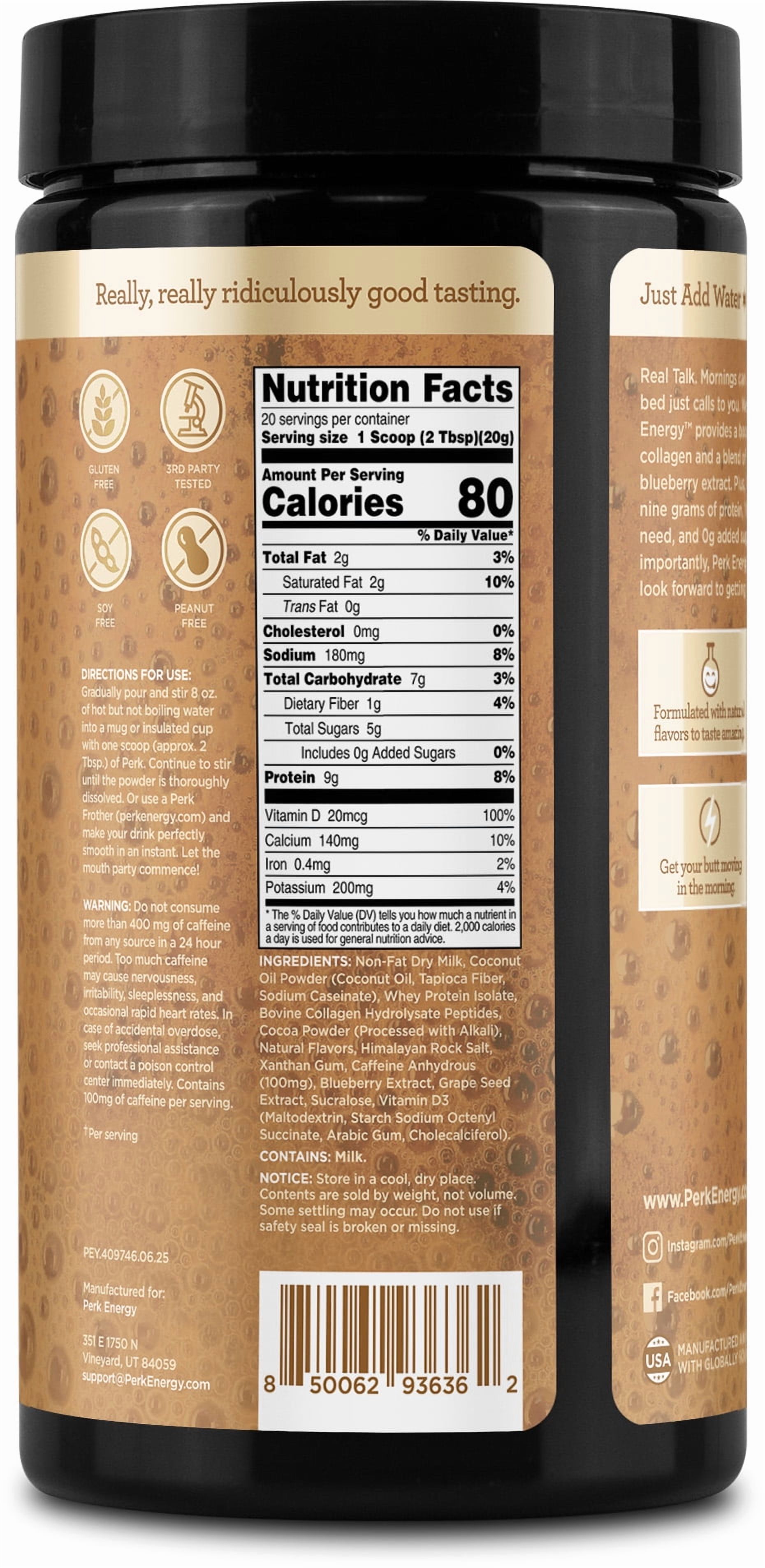Perk Energy Drink Mix (Tan Mocha Latte) 20 Servings - Caffeinated Healthy Coffee Alternative with Protein, 100mg of Caffeine, Gluten-Free, Soy-Free