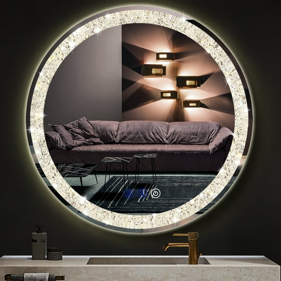 30 Inch Crystal Round LED Bathroom Mirror with Front Light 3 Color Dimmable 30 Inch Round Lighted Vanity Mirror for Bathroom Wall Mounted Anti Fog Circle Rounds Light up Smart Mirror
