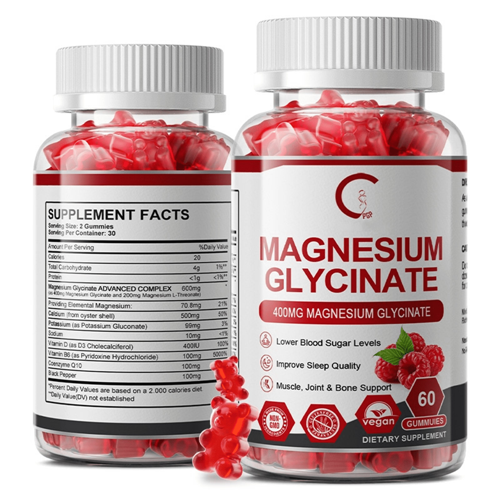 GPGP Magnesium Glycinate Gummies 400mg - Magnesium Potassium Supplement with Vitamin D, B6, CoQ10 for Relax, Sleep & Heart Health - 60 Raspberry Gummies