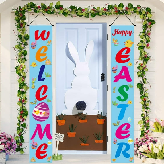 JeashCHAT Easter Decorations Easter Porch Sign Happy Easter Banner Indoor Outdoor Wall Hanging Flag Banners
