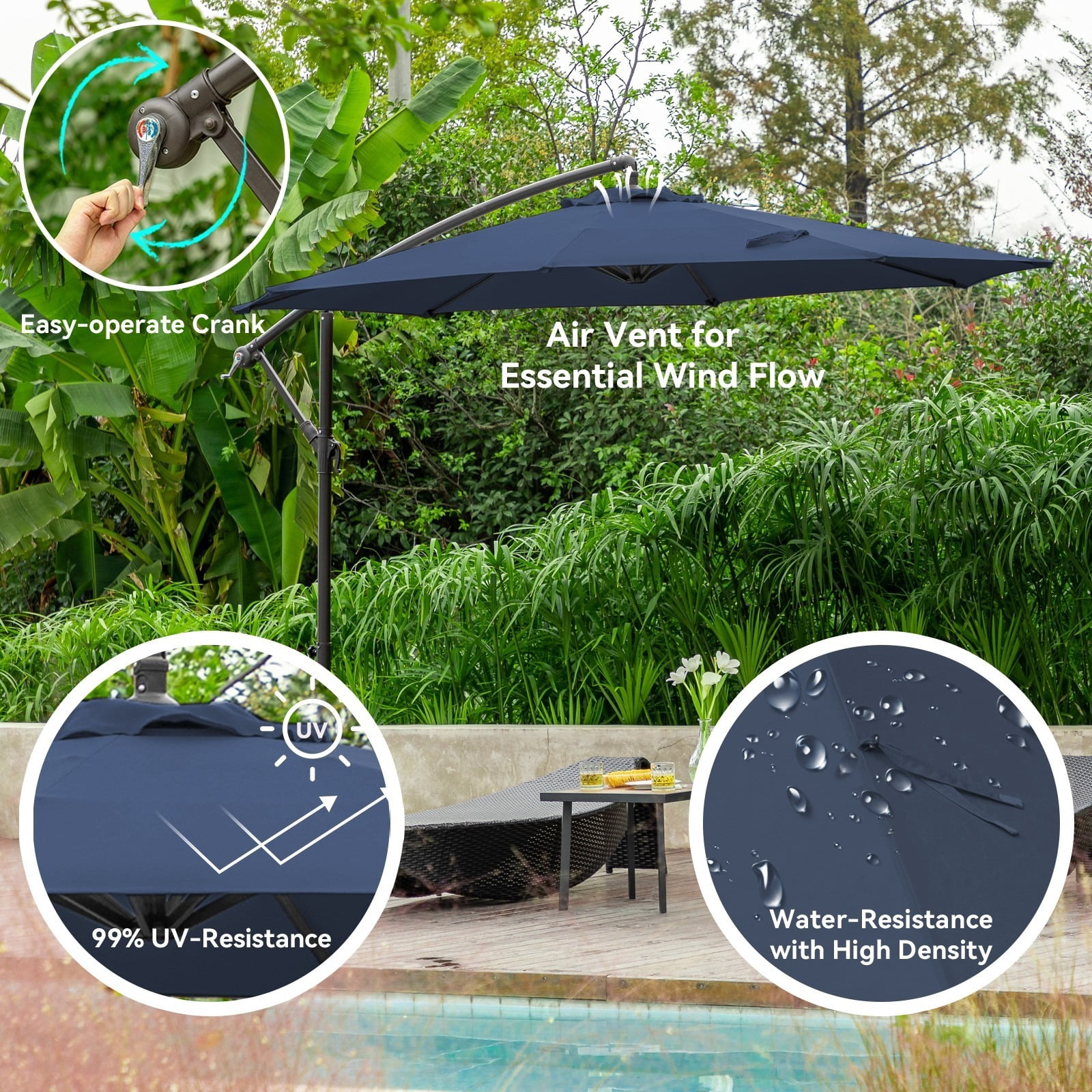 JUSTLET 10ft Heavy Duty Patio Hanging Offset Cantilever Patio Umbrella W/ Base Included, Navy Blue