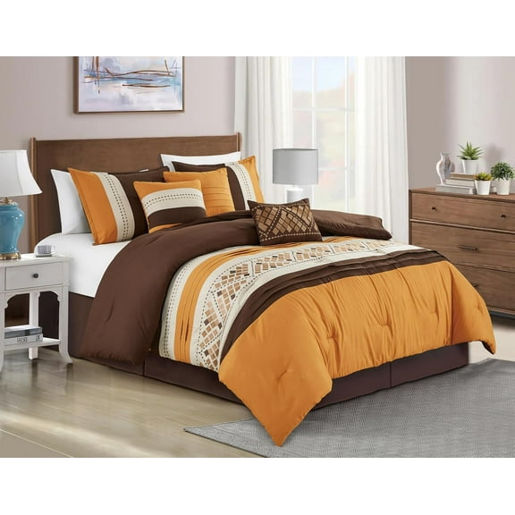 Chezmoi Collection Maple 7-Piece Orange Brown Geometric Embroidery Pleated Striped Comforter Bedding Set, King Size
