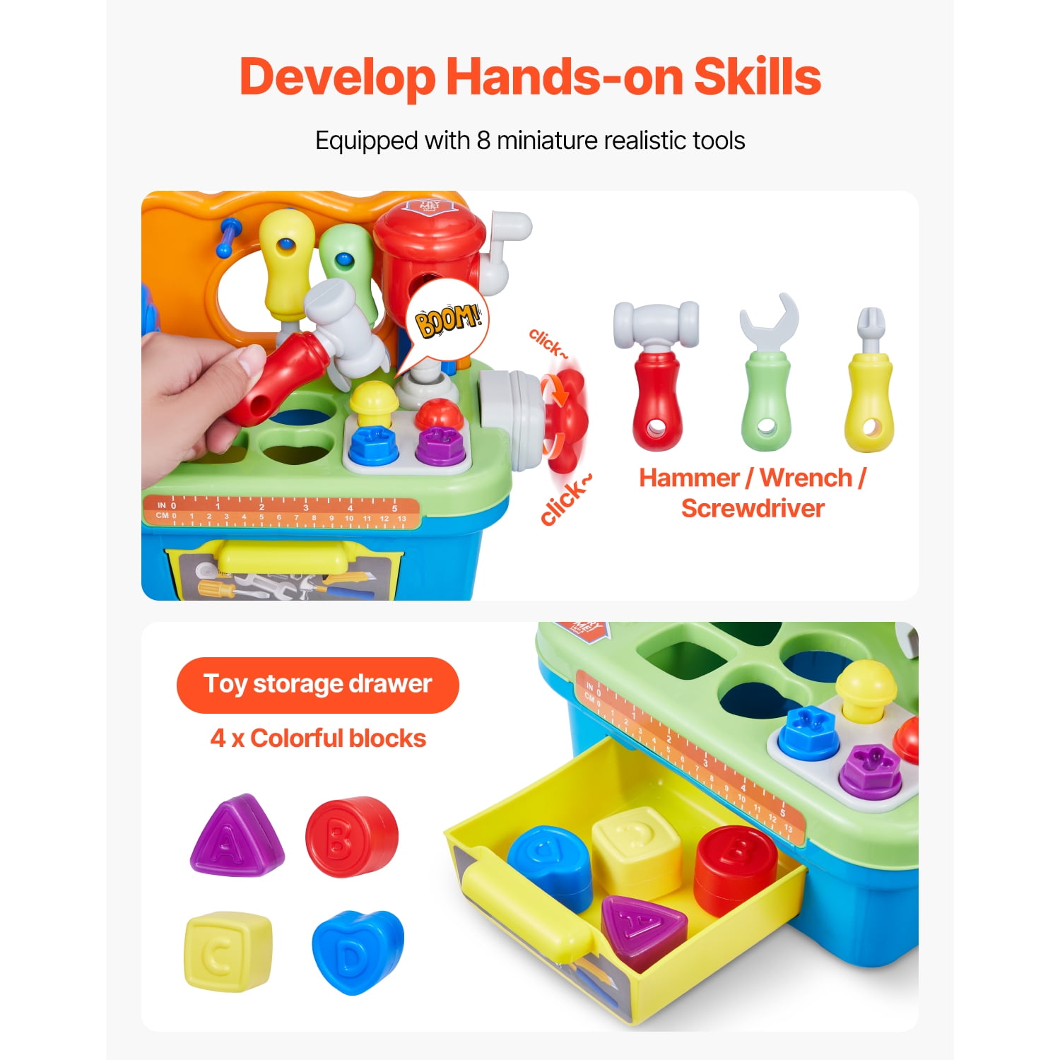 KFFKFF Interactive Workshop Toy, Illumination & Melodies, Educational Bench Toy for Toddlers Aged 2 Years and Above, Child's Imitation Tool Kit, Baby's Geometric Sorting Tasks