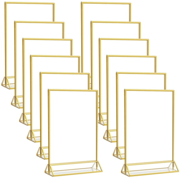 12 Pcs Gold Table Number Holders, Acrylic Photo Frames with Triangular Stand, Clear Display Stand for Menus, Pictures, Weddings, Parties, and Restaurants