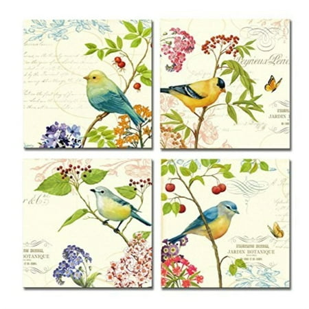 Butterfly Garden Framed Print SpecialArt HIGH-END FRAME Wall Art - 4pcs Birds on the Trees of Bloom and Butterfly Pictures Print on Canvas Painting Stretched ()