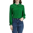 thumbnail image 3 of MODA NOVA Juniors Sweet Ruffle Peter Pan Collar Button up Work Shirts Dark Green M, 3 of 7