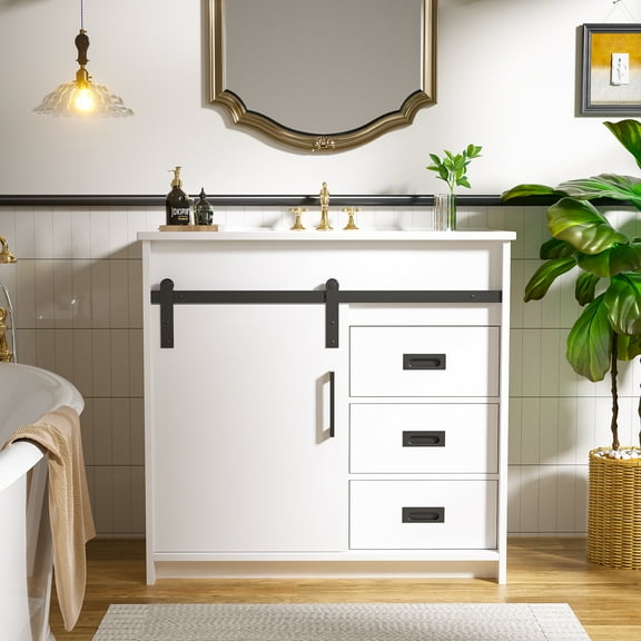 Zidtia 36" Bathroom Vanity Set with Sink, Storage Cabinet with Drawers & Sliding Door, Features Metal Handles, Easy Assembly, White