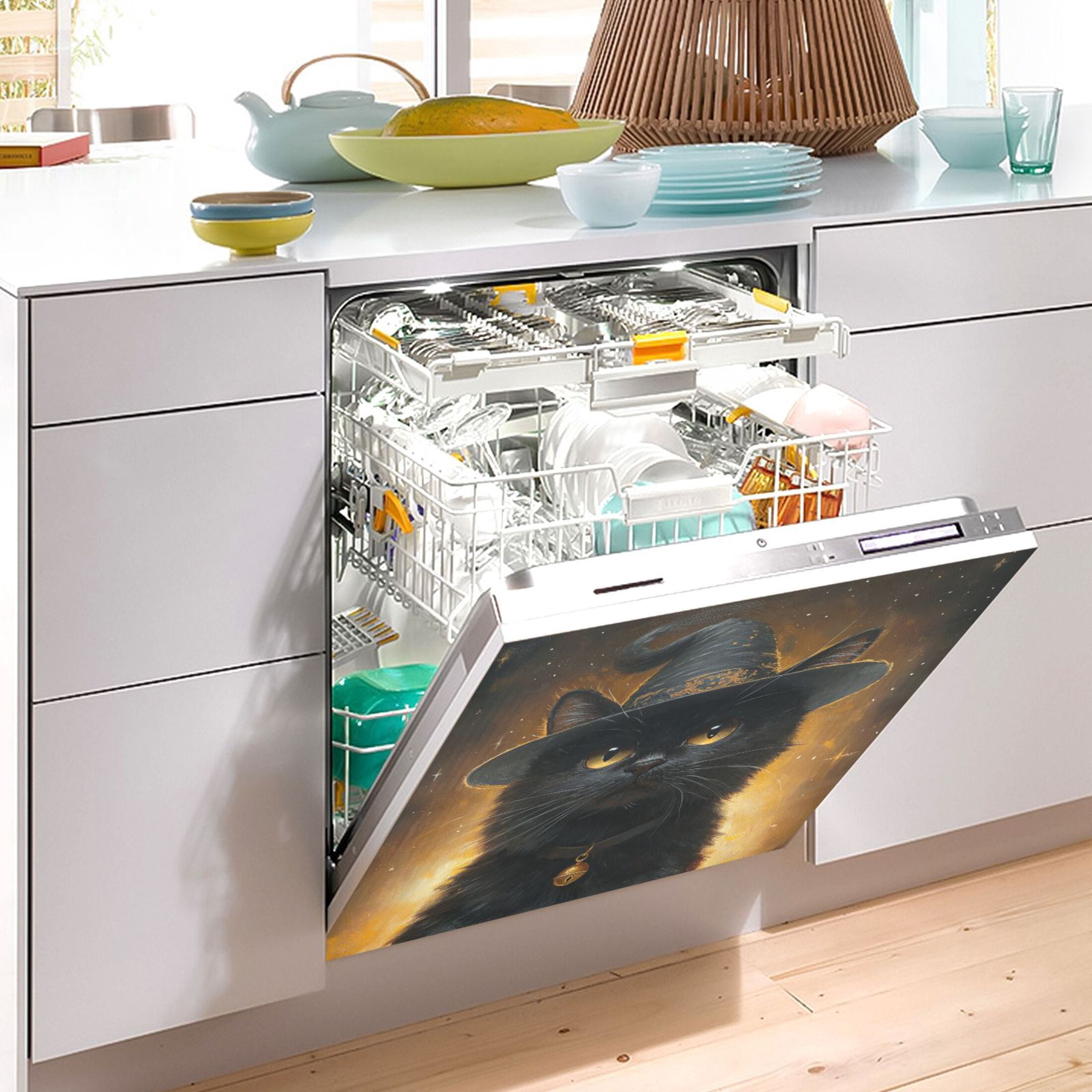 Dishwasher Magnetic Sticker 23x26 Inch Refrigerator Magnetic Sticker Washing Machine Magnetic Sticker Kitchen Panel Magnetic Sticker Home Decor Magic Black Cat