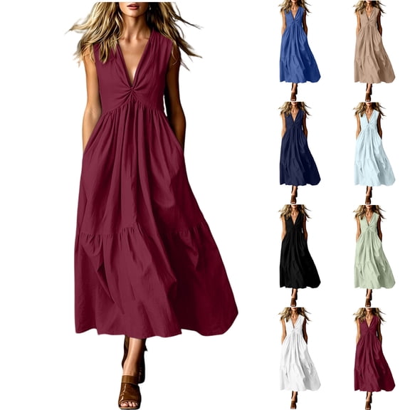Tqcoqu Women's Twist Front Tiered Maxi Dress with Pockets,Sleeveless V-Neck Flowy Sundress for Vacation Beach,Black Women's S-XXL