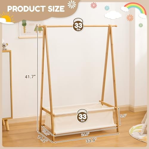 Kids Clothing Rack with Storage Box, Dress up Holder, Child Garment Stand with Hanging Rods, Small and Foldable, Bamboo (Natural)