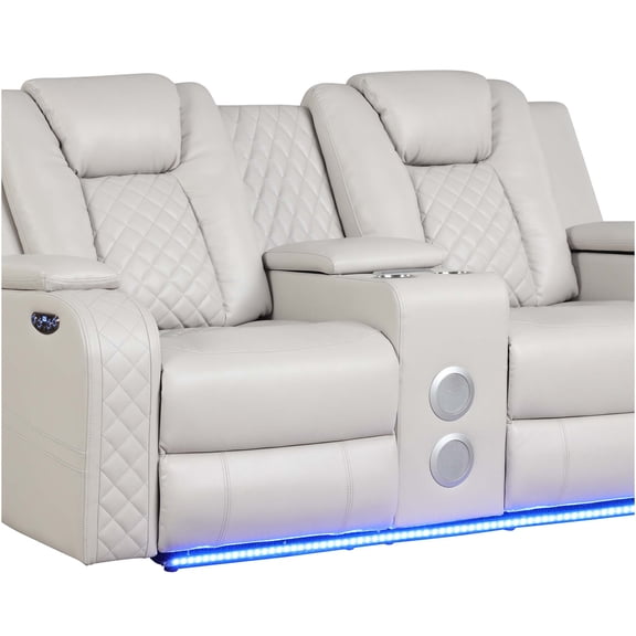 JERFIT Modern Power Reclining Loveseat with LED Lights, USB Charger & Bluetooth Speakers in Beige Faux Leather