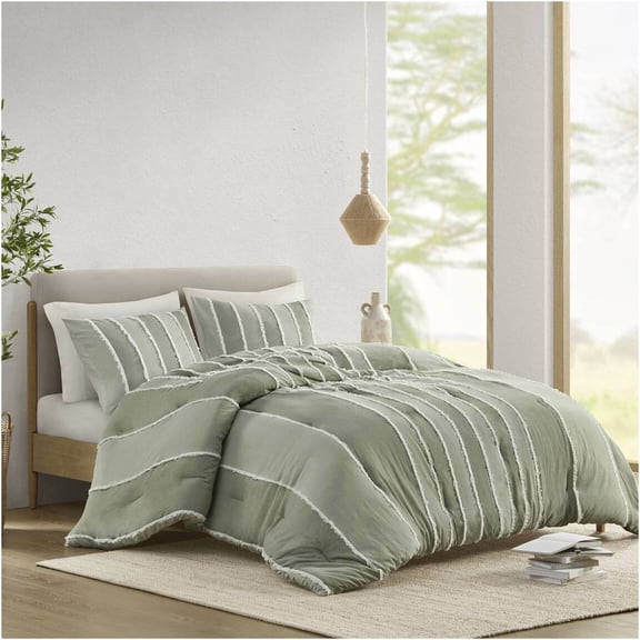 JERFIT 3-Piece Cotton Comforter Set with Sham Covers, Sage Green Striped Bedding, Full/Queen Size, Hypoallergenic & OEKO-TEX Certified