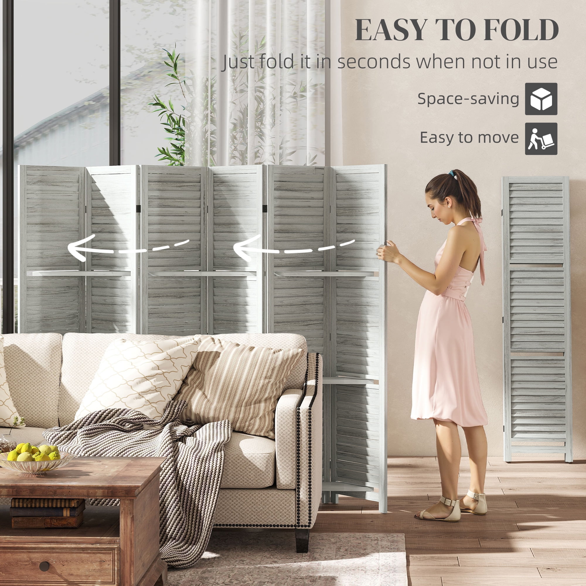 HOMCOM 6 Panel 67" Tall Wood Privacy Screen Room Divider with 3 Display Shelves, and Folding Storage for Bedroom or Home Office, Distressed White