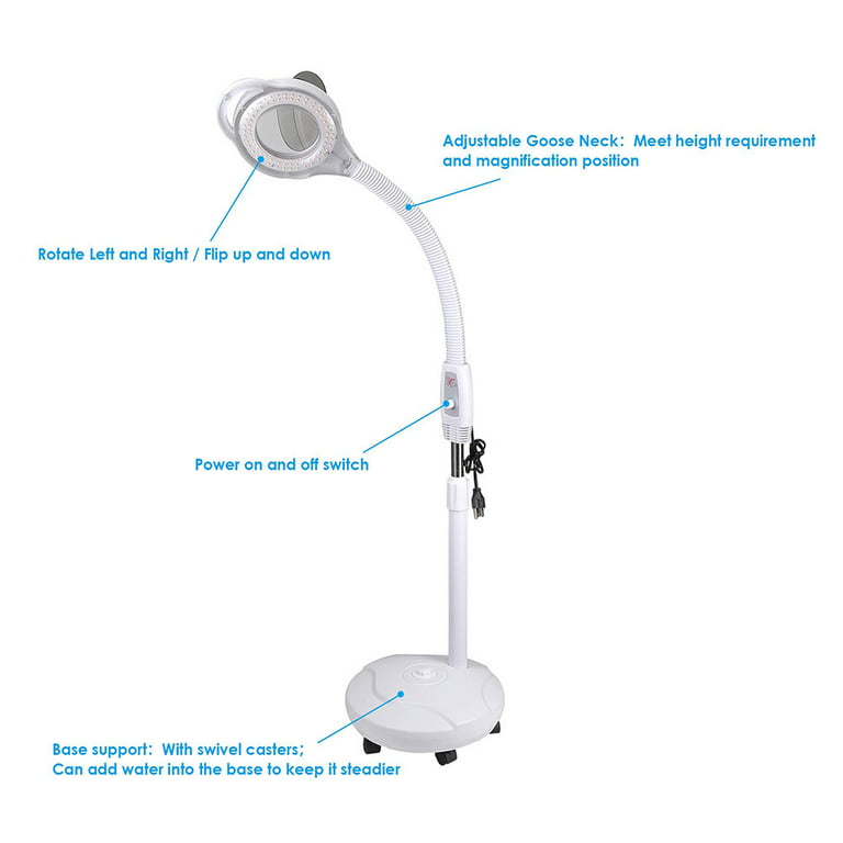 Magnifying Lamp, 5X LED Magnifier Lamp Adjustable Rolling Floor Stand  Magnifying Light Diopter for Salon Beauty Equipment US Plug (White)