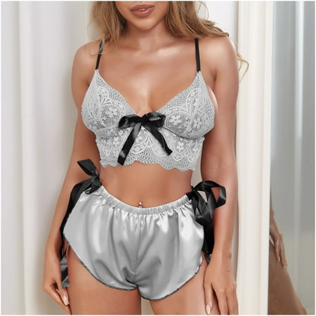 

Honeeladyy Women Sexy Lace Bow Lingerie Underwear Sleepwear Underwear Satin Pajamas Sets pajamas for women clearance under $10