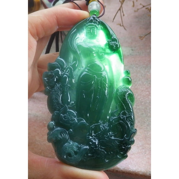 Icy Green Natural A Jade jadeite Pendant Guanyin Kwan Yin Dragon Lotus Flower Necklace 701074 TN