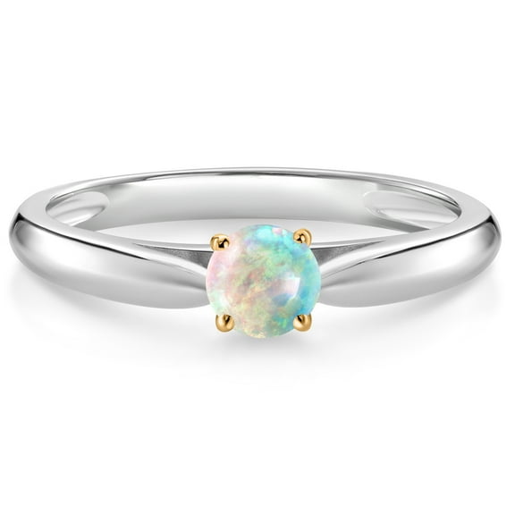 Gem Stone King 925 Silver and 10K Yellow Gold Ring White Simulated Opal Solitaire Engagement Ring for Women (0.25 Cttw, Gemstone October Birthstone, Round Cabochon 4MM, Size 8)