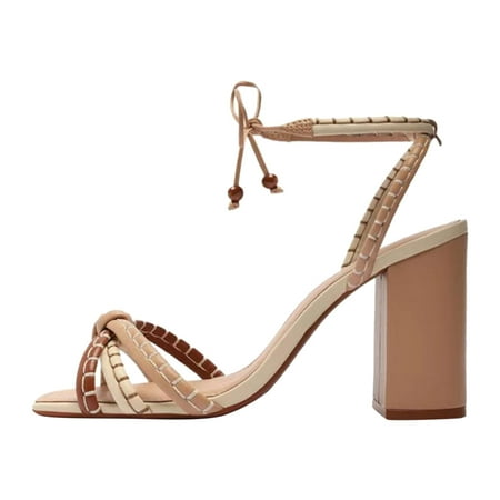 

CLZOUD Womens Fisherman Sandals Beige Women Sandals Simple Fashion Colorful Summer New Pattern Open Toe Lace Up Thick Heel Square Heel Comfortable Non Slip Large Size Shoes 40