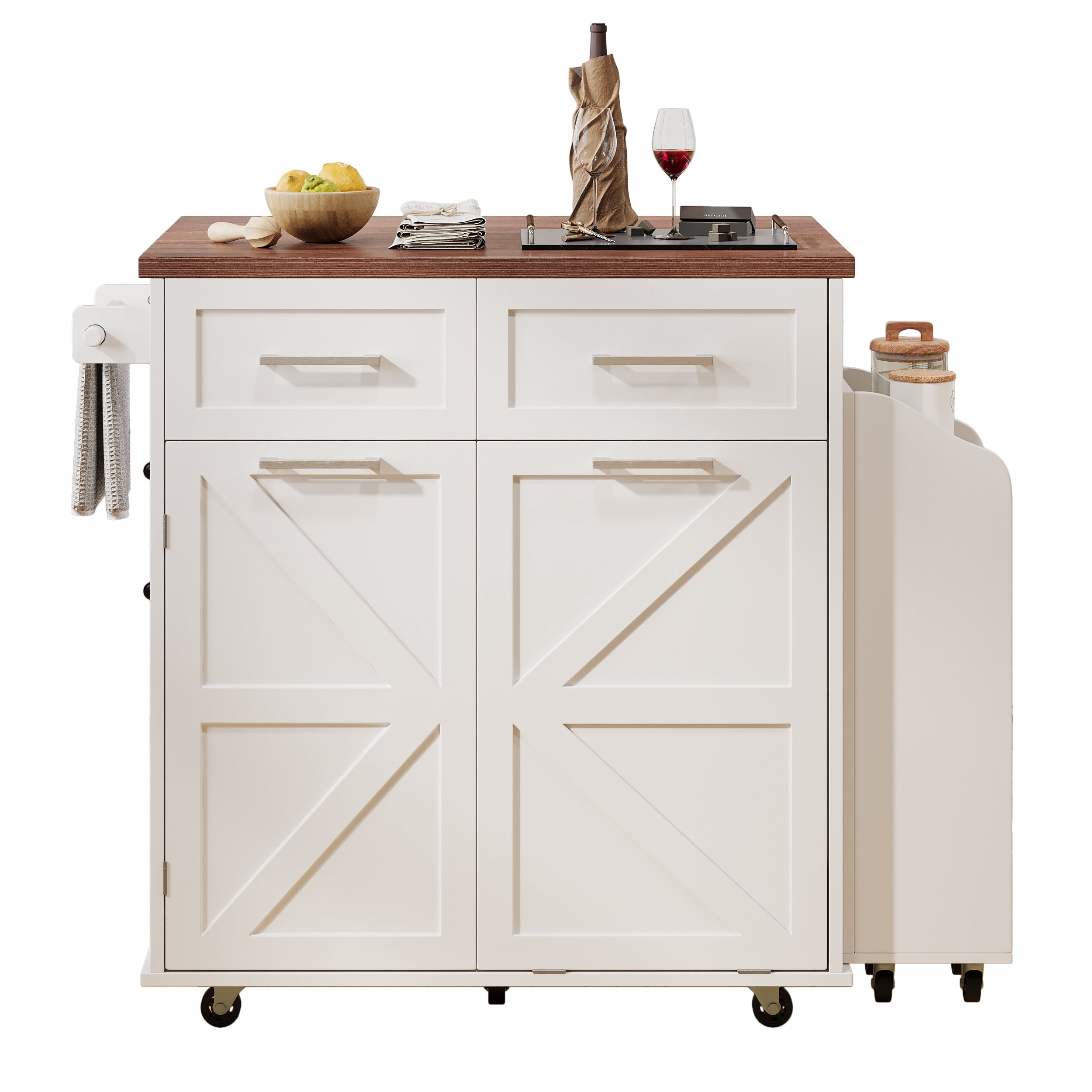 Euroco 47.2" Farmhouse Kitchen Island with Drop Leaf, Kitchen Storage Island with Removable Side Racks, Two Drawers, Rolling Kitchen Cart on Wheels with Towel Rack