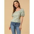 thumbnail image 4 of DARING DIVA Puff Sleeve Sweetheart Neck Smocked Floral Top M Green, 4 of 6