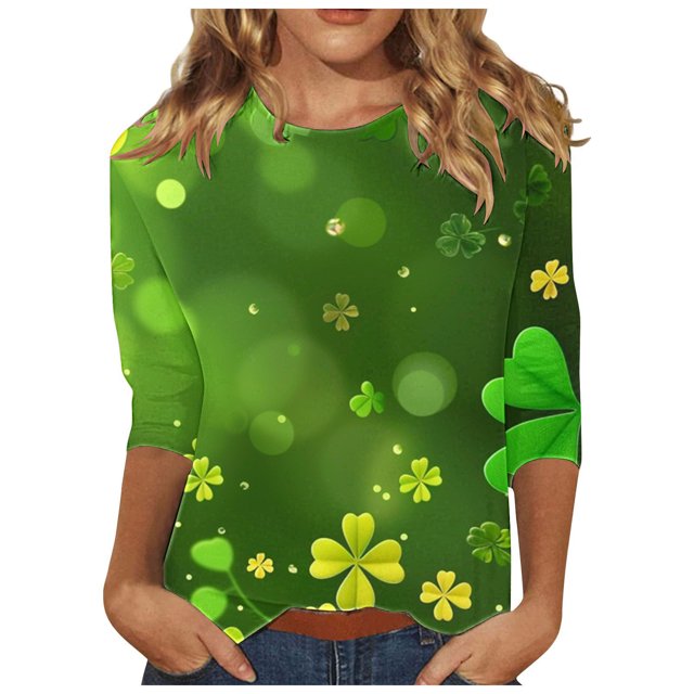 Diufon T-Shirts de la Saint-Patrick pour Femmes, Grande Taille, Imprimé Trèfle, Manches 3/4, Col Rond