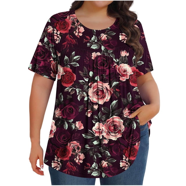 Top Plisado Gradiente de las Mujeres, Cuello de la Tripulación Manga Corta Blusa Suelta para el Hogar Y el Uso Diario, Ligera Túnica de Moda Casual