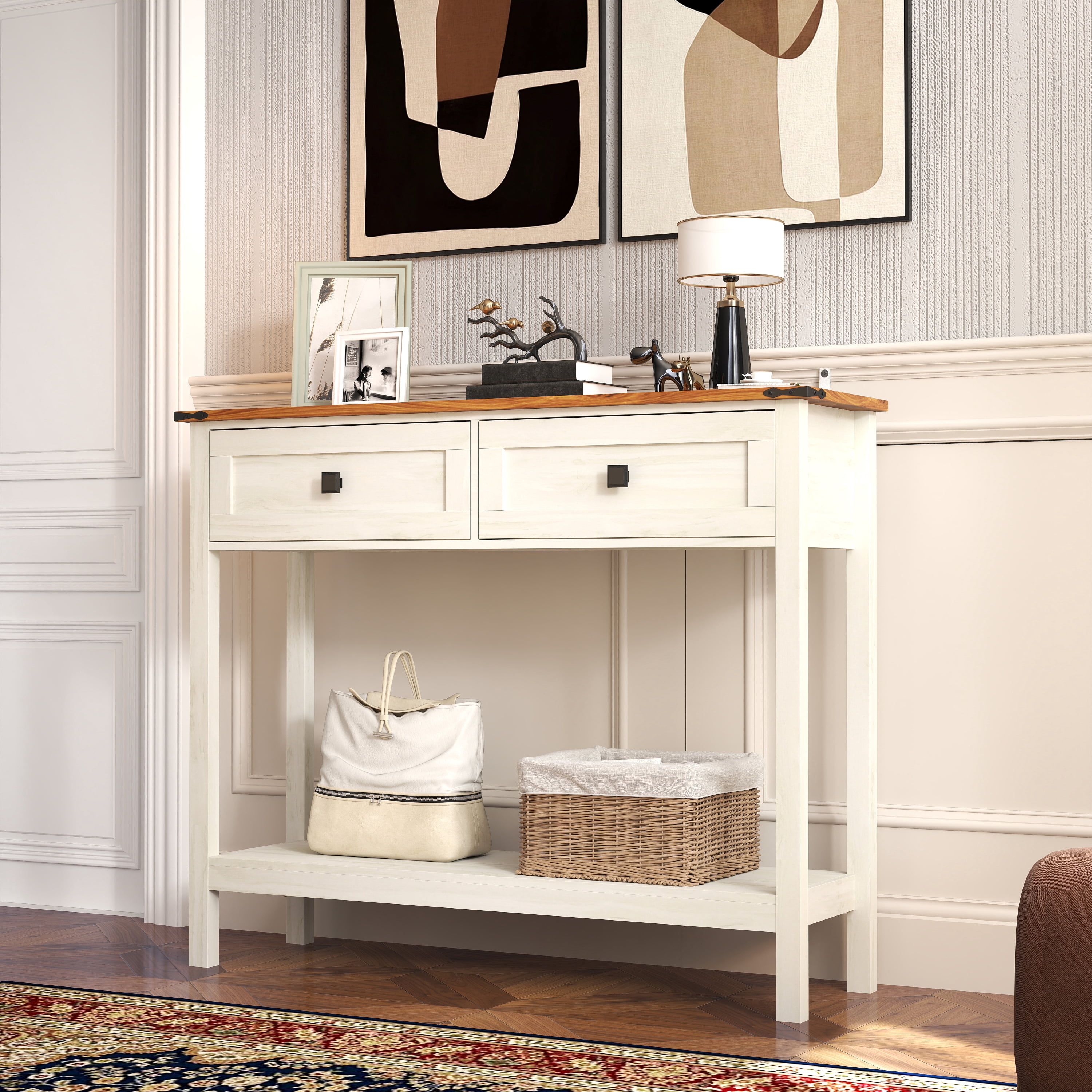 TrumanPick Farmhouse Console Table with 2 Drawers, Narrow Wood Accent Sofa Table Entryway Table with Storage Shelf, Buffet Sideboard for Entryway Living Room, White