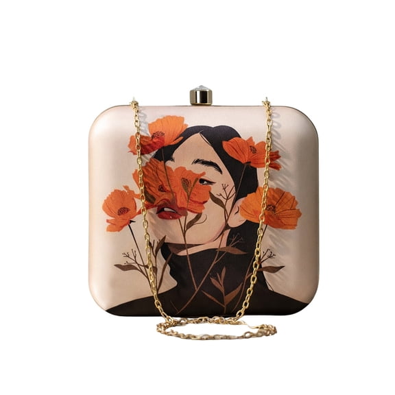 ARTKLIM Off White Based Flower Girl Printed Clutch Bag for Women with Detachable Strap