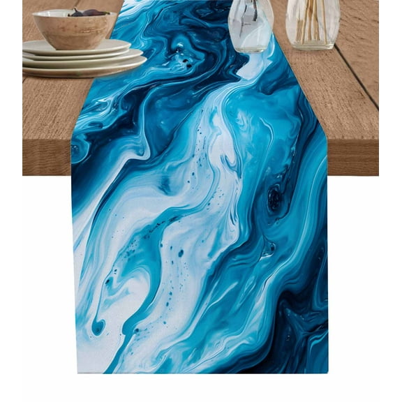Table Runner Dresser Scarf 13 x 120 Inch Blue Marble Abstract Art Ocean Waves Table Runners Non-Slip Heat Kitchen Dining Table Decor for Indoor Outdoor Home Party Decoration