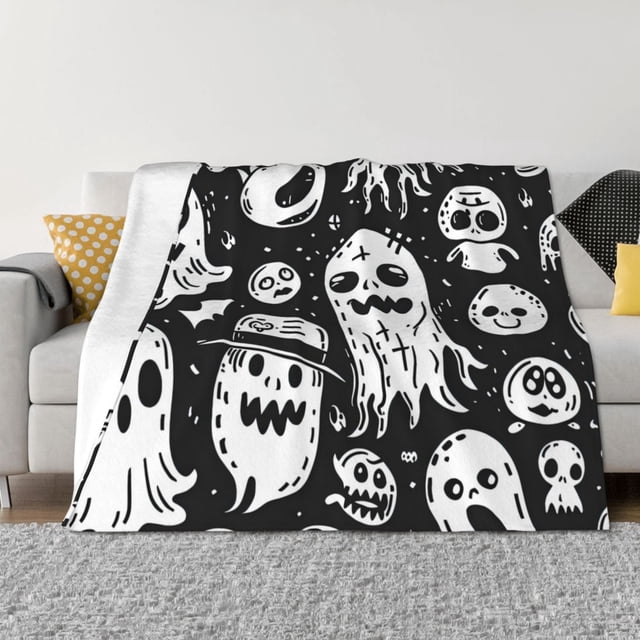 Balery Black White Spooky Ghosts Manta de Franela con Dibujo, Lujo Ultra Suave y Cálido, Antipelusa y Resistente a las Arrugas para Cama, Sofá, Camping -80"x60"