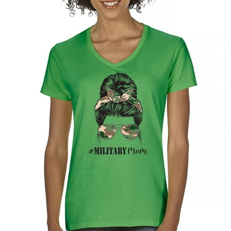 Military Mom Women's V-Neck T-shirt Proud Mom Life Messy Bun Sunglasses Mother's Day Mama Mommy Active Duty Veteran Vet Tee