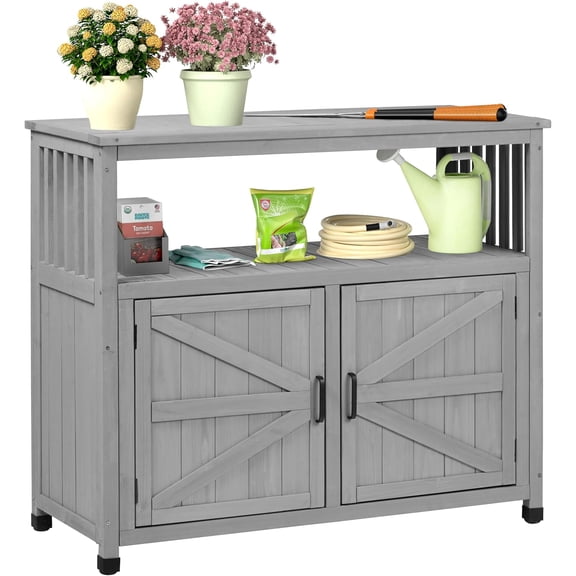 Outdoor Potting Bench with Storage Cabinet and Metal Top, Wood Workstation for Outdoor Patio, Garden (Grey, 42×18×37")