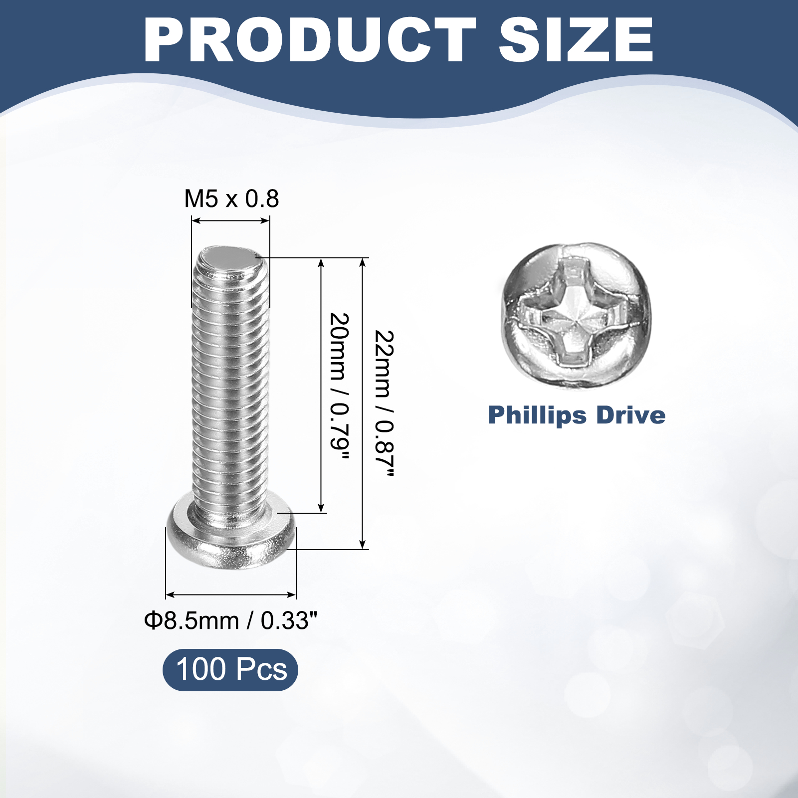 Uxcell M5x20-0.8mm Pan Head Machine Screws, Phillips Drive for Computers, 100 Pcs