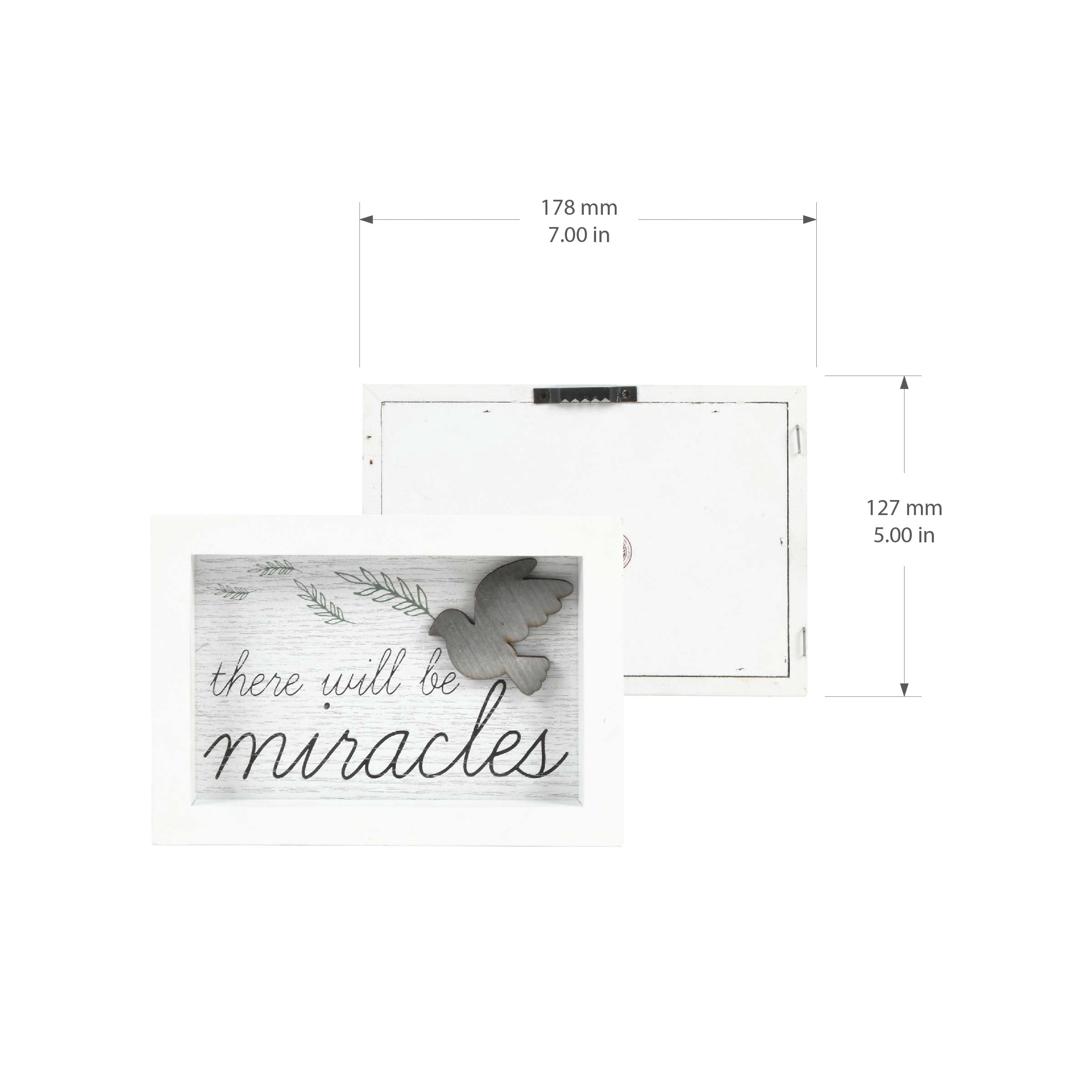 Prinz There Will Be Miracles 7" x 5" Rustic Home Decor, Tabletop Sign with Dove Icon, White