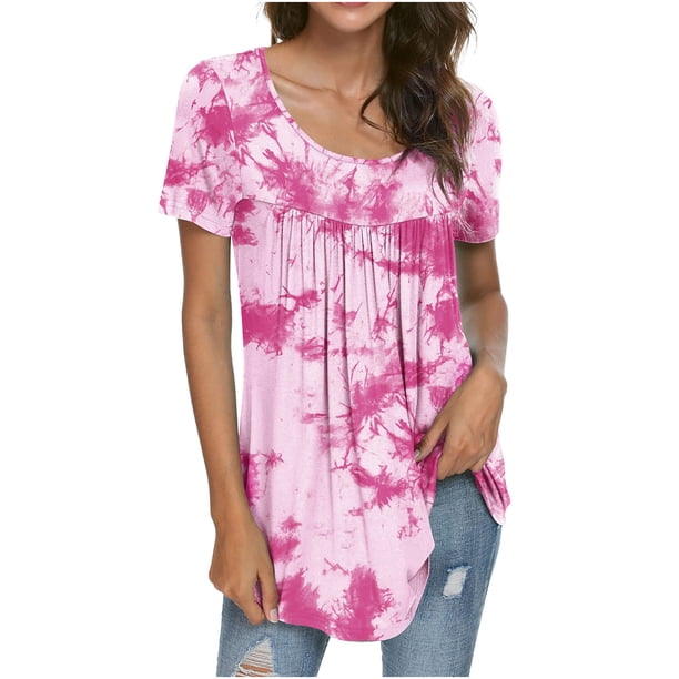 Moda mujer verano manga corta gradiente estampado pliegue Casual blusa Tops Fridja bn7038