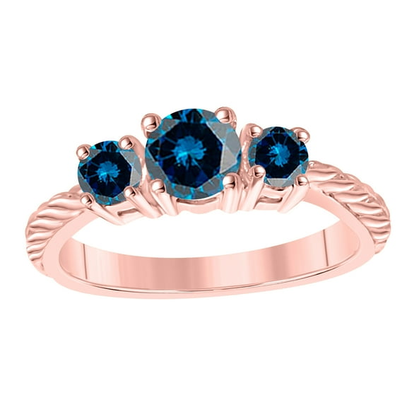 AoneJewelry 1.25 Carat Round Shape Blue Diamond Three Stone Engagement Ring (size 5-9) in 10K Solid Rose, White, Yellow Gold