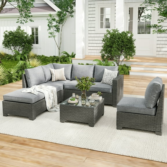 MAYEERTY 7-Piece Wicker Patio Sofa Set with Corner Sofa, Ottoman, and Coffee Table - Dark Gray Cushions