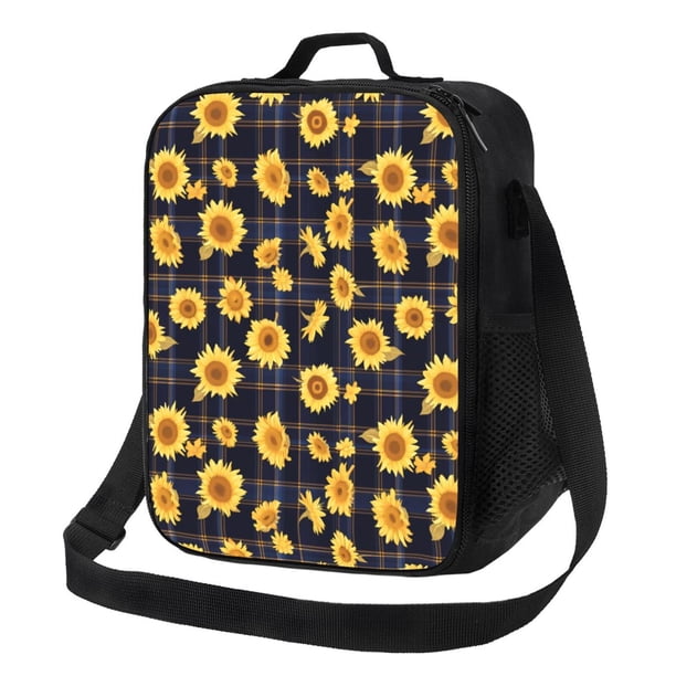 Disketp Royal Blue Plaid Sunflower Bolsa Térmica Estampada para Almuerzo, Lonchera para Hombres y Mujeres Adultos