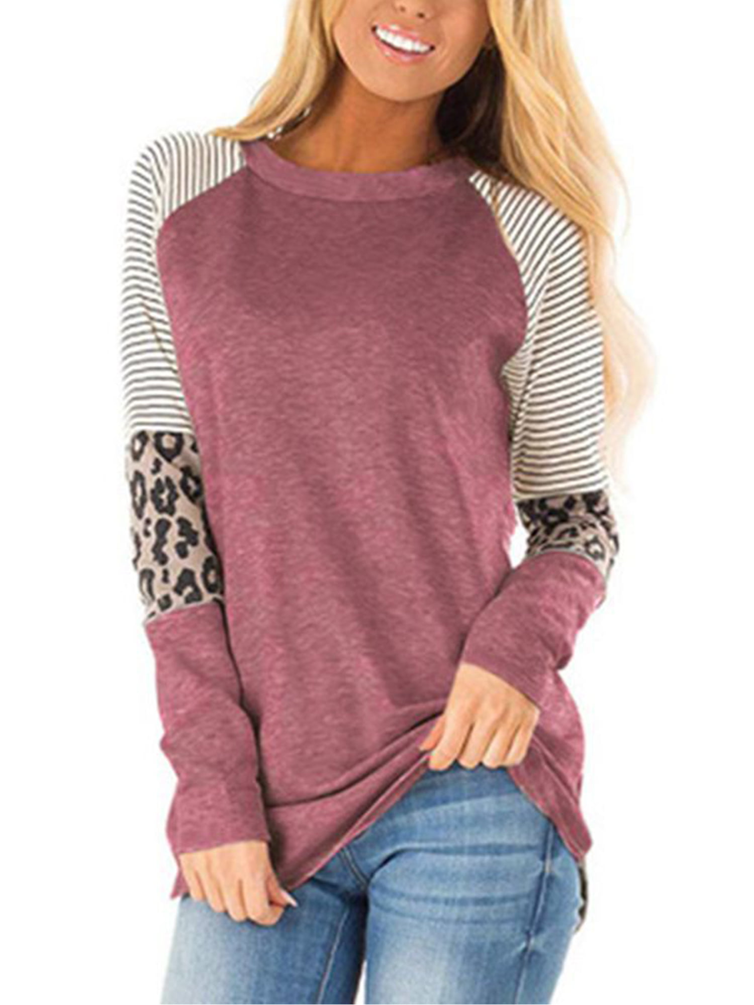 UKAP - Women Leopard Print Color Block Stripe Patchwork T Shirts Blouse